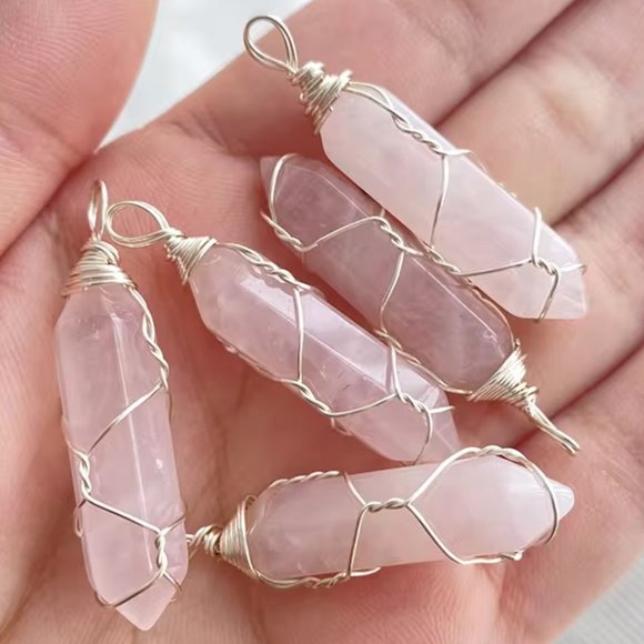 Rose Quartz Natural Gemstone Hexagonal Point Wire Wrapped Pendant Necklace - Picture 2 of 3